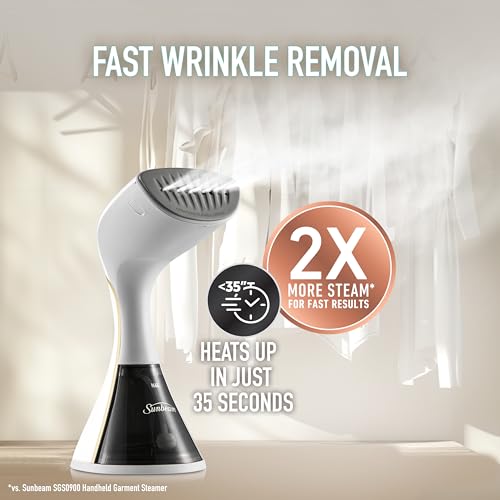 Sunbeam Power Boost Handheld Garment Steamer | 2100W, 90g/Min Steam Shot Clothes Steamer, Fast Heat Up Travel Steamer, Durable Scratch Resistant Cermaic Plate, White & Gold SCG2000