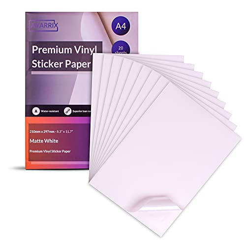 Avarrix Australia Printable Vinyl Sticker Paper for Inkjet Laser Printer, Matte White, 20 Sheets, Waterproof Label Stickers, Printable Vinyl Sheets, Tear Resistant, Quick Dry Vibrant Colours, A4 Size