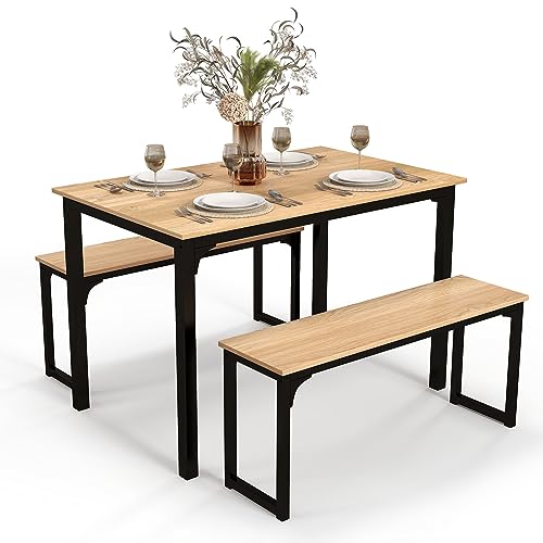 Giantex Dining Table Set for 4, 3 PCS Farmhouse Kitchen & Dining Room Furniture Kit with 2 Benches, Space-Saving Breakfast Nook Table Set (Natural + Black)