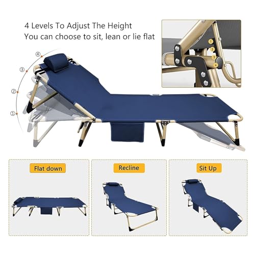 Kiliroo Adjustable Portable Folding Bed with Mattress and Headrest, Comfortable, Waterproof, Sturdy Steel Frame, 4 Reclining Positions, Portable, Ideal for Camping, Guests and Relaxation (Blue)