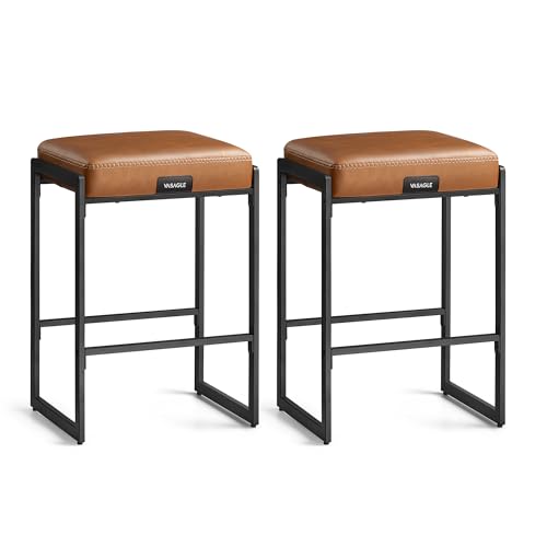 VASAGLE EKHO Collection - Bar Stools Set of 2, Counter Height Bar Stools, Synthetic Leather with Stitching, Mid-Century Modern Counter Stools, 26-Inch Tall, Kichen Home Bar Dining Room, Caramel Brown