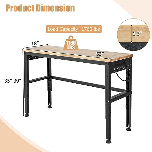 Goplus Adjustable Workbench, 53" Oak Wood Work Bench for Garage, Workshop, Home, Heavy-Duty Steel Work Table Hardwood Workstation, Easy Assembly