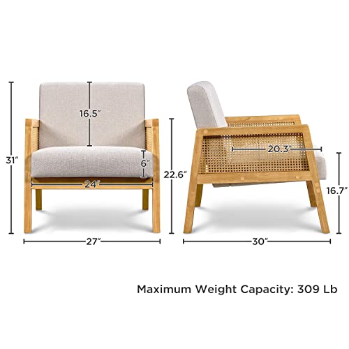 Yaheetech Accent Chair, Armchair with Rattan Armrest and Wood Legs, Mid Century Modern Living Room Chair Linen Comfy Lounge Chair for Bedroom Hosting Room Reading Room, Set of 2, Beige