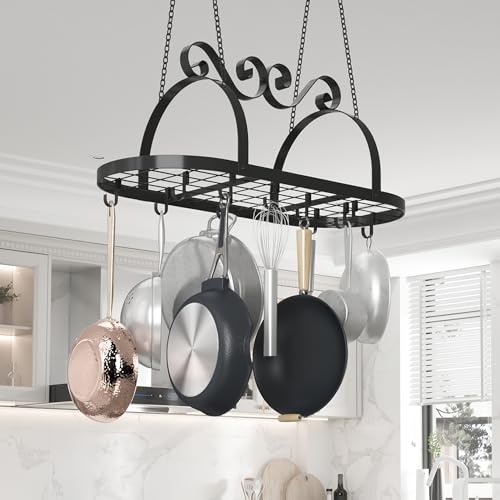 33" Pots and Pans Hanging Rack, Oval Ceiling Pot Rack with Grid, Heavy-duty Metal Pan Rack Hanging Organizer with Hooks, Hanging Pot Rack Ceiling Mount for Kitchen Cookware Utensils Toiletries