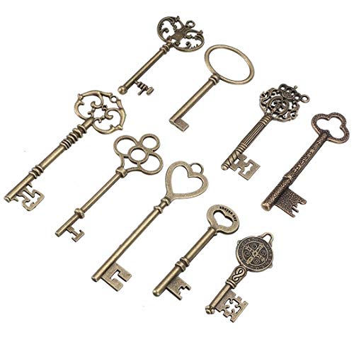 9PCS Big Large Antique VTG Old Brass Skeleton Keys Lot Cabinet Barrel Lock