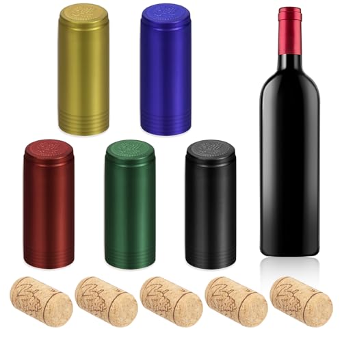Glarks 130Pcs PVC Heat Shrink Capsules and Wine Corks Kit, 5 Colors Wine Shrink Wrap Bottle Caps and 30Pcs Natural Wine Corks Wine Bottle Straight Stoppers for Home and Professional Use