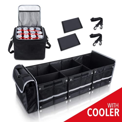 Versatile Car Trunk Organiser with Insulated Cooler Bag - Waterproof, Foldable Cover, Adjustable Straps - Ideal Car Accessories and Boot Organiser (Black, 4-in-1 w/Cooler)