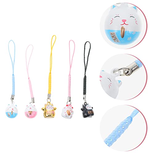 TOYANDONA Japanese Maneki Neko Lucky Cat Mobile Phone Pendant Copper Waving Cat Jingle Bell Mobile Phone Jewellery for DIY Key Chain Car Bag Purse Backpack Lucky Pendant Decoration Pack of 5