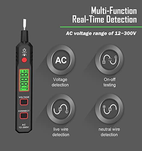 Voltage Tester AC 12-300V Non-Contact & Contact Voltage Detector Electrical Test Pen Wire Breakpoint Finder with NCV, Continuity Live Null Wire Test, LCD Display, Buzzer Alarm, Backlight, Flashlight