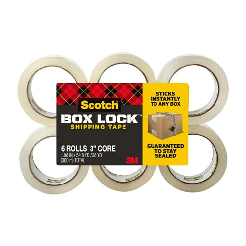 Scotch Box Lock Packaging Tape, 6 Rolls, 50M, Extreme Grip Packing, Shipping and Mailing Tape, Sticks Instantly to Any Box, 3950