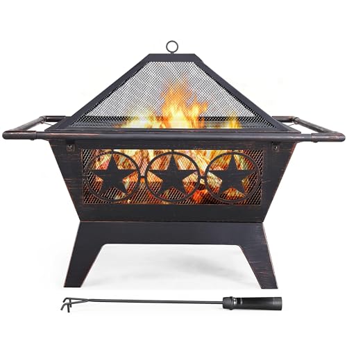 Yaheetech Fire Pit 32in Fire Pits for Outside Outdoor Fireplace Large Square Wood Burning Fire Pit Heavy Duty for Patio BBQ Camping Bonfire with Spark Screen, Mesh Cover, Poker