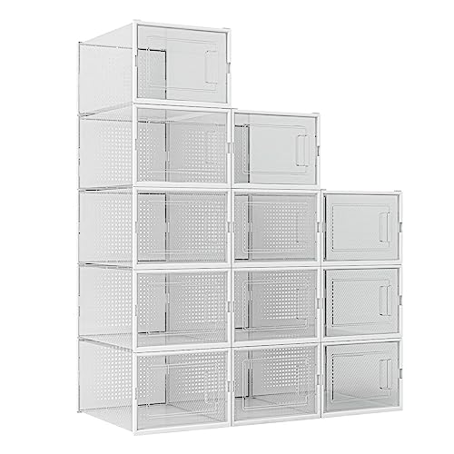 12PCS Shoe Storage Box Sneaker Display Case Plastic Clear Stackable Shoe Organizer Transparent Container Extra Large 35x25x19cm