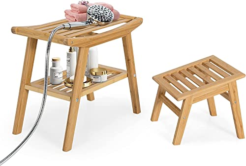 Giantex 2PCS Shower Seat Bench with Foot Stool, Bamboo Foot Rest Stand for Shaving Legs and Pedicure, Non-Slip Shower Stool Set with Underneath Storage Shelf for Home Bathroom Indoor Outdoor, Natural