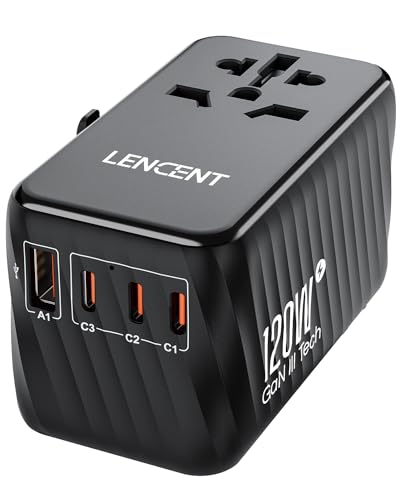 LENCENT International Travel Adapter, 120W GaN Universal Fast Charger with 3 PD3.0 Type C+1 QC USB A, All in One Power Adaptor for iPhones,Laptops, Worldwide Plug Adapter for EU/USA/UK/AU, Black