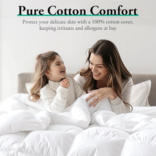 ZUNI Goose Feather Down Comforter King Single, 500GSM All Seasons Goose Quilt, 100% Cotton Cover, Lightweight Soft Cotton Cover Home Bedroom Bed Travel Hotel Bed Comforter, Machine Washable, White