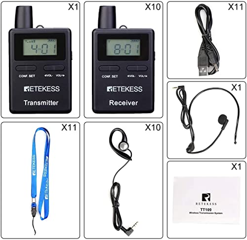 Retekess TT109 Wireless Tour Guide System, Long Range, Church Translation System, Clear Sound,Interpretation,Training,Court（Case of 1 Transmitter and 10 Receivers）