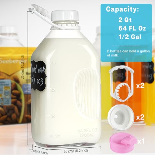 1/2 Gal Heavy Duty Glass Milk Bottle with Pour Spout and REUSABLE AIRTIGHT SCREW Lid - 2 Qt Glass Water Bottles - Glass Milk Jug Pitcher with 2 Exact Scale Lines