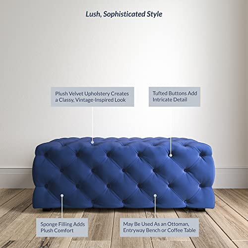 BELLEZE Modern 46 Inch Rectangular Velvet Ottoman, Tufted Bench for Living Room, Bedroom or Entryway Seating, Vintage Style Upholstered Footrest - Zayne (Navy Blue)