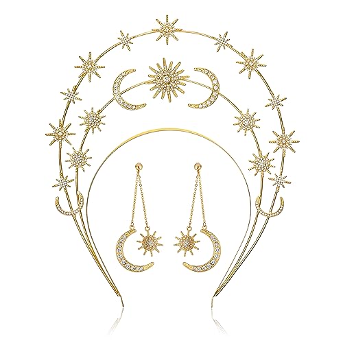 Zivyes Halo Crown Headpiece with Earrings Star Moon Goddess Crown Halo Headband Tiaras and Crowns for Women Boho Wedding Headpiece, one size, Crystal 1-Gold