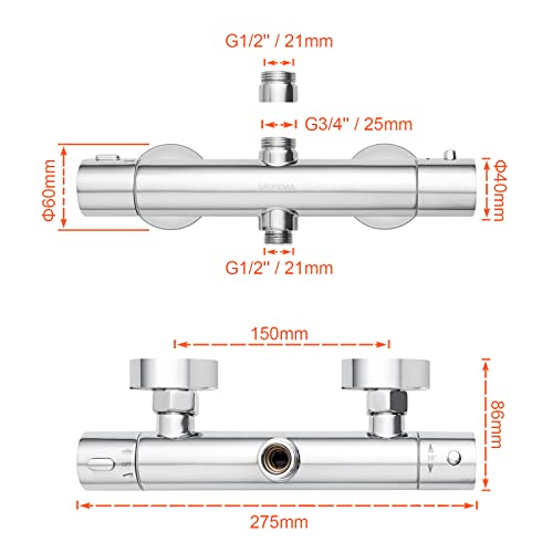 GRIFEMA G17005 Thermostatic Shower Mixer Bar Two Outlet, Wall Mounted Shower Mixer Tap,Anti-Scald, with TOP 3/4" and Bottom 1/2" BSP, Chrome,Silver