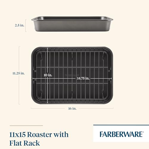 Farberware Nonstick Bakeware 11-Inch x 15-Inch Roaster with Flat Rack, Gray,Grey