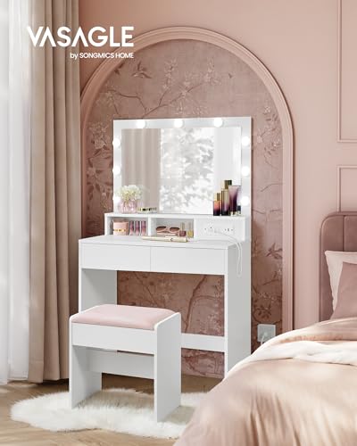 VASAGLE Vanity Desk with Power Outlets, Makeup Vanity with Mirror and Lights, with Upholstered Vanity Stool, 9 Dimmable LED Lights, 2 Compartments, 2 Drawers, for Bedroom, Cloud White URDT029W01