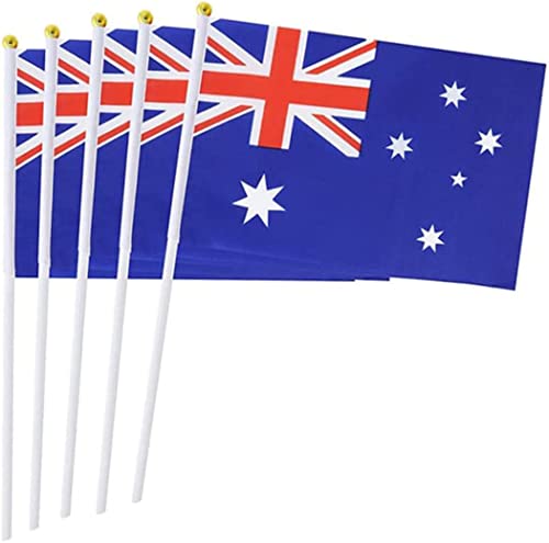 10 Pack Australia Flags 5x8 inch Hand Waving Stick Flags Small Handheld AU Flags with Safe Round Top Mini National Day Country Flags Party Decorations for Parades World Cup Sports International Festival Events (Australia Flag)