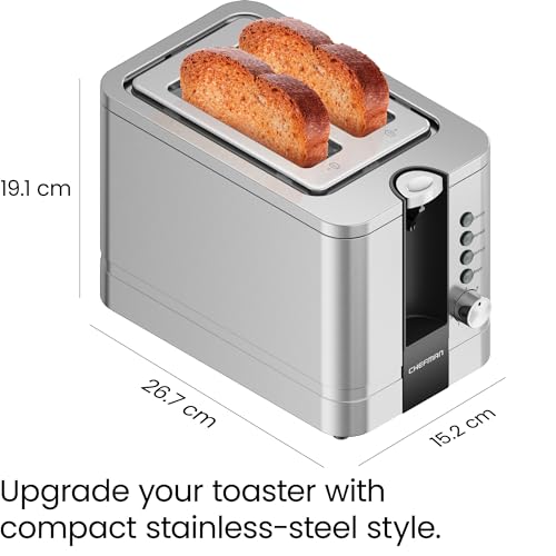 Chefman 2 Slice Toaster, 7 Shade Settings, Stainless Steel, 2 Slice with Extra-Wide Slots, Thick Bread and Bagel Toaster, Reheat, Defrost, Cancel, Lift Lever, Removable Crumb Tray