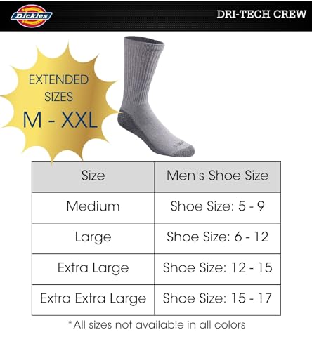 Dickies Men's Dri-Tech Moisture Control Crew Socks Multipack, Grey (6 Pairs), 6-12