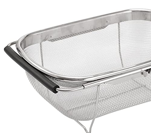 AJIODA Over The Sink Colander, 4 Quarts Stainless Steel Oval Colander with Expandable Rubber Grip Handle, Fine Mesh Strainer Baskets Kitchen Colander for Strain, Drain, Rinse Vegetables, Fruits, Black