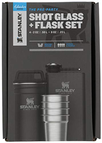 Stanley Stainless Steel Shot Glass and Flask Gift Set, Outdoor Adventure Pack with 4 Metal Shot Glasses, 8oz Whiskey Flask, and Travel Carry Case