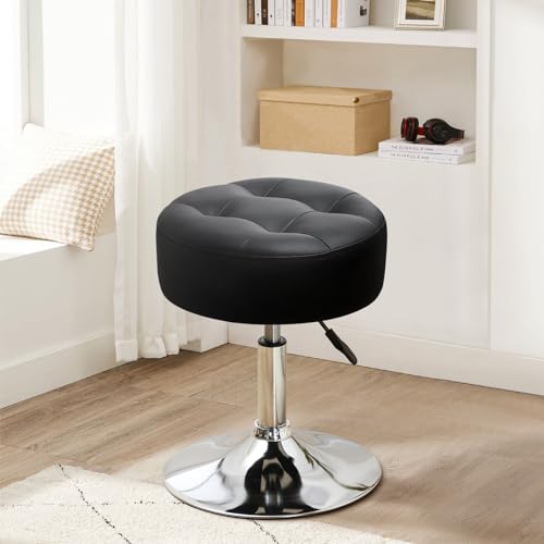 Furniliving PU Leather Swivel Makeup Chair, Adjustable Height Vanity Stool for Living Room, Bedroom, Modern Round Ottoman, Black