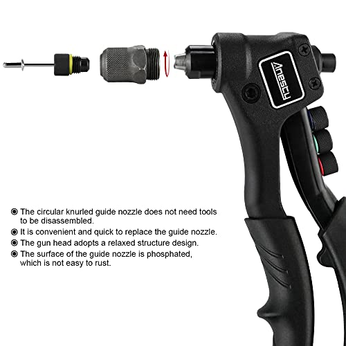 Anesty Rivet Gun Pop Riveter Set, Heavy Duty Hand Riveter Rivet Gun Kit with 200 Aluminum Blind Pop Rivets 2.4mm 3.2mm 4mm 4.8mm, Riveting Gun Tool with 4 HSS Drill Bits and Replaceable Nozzles