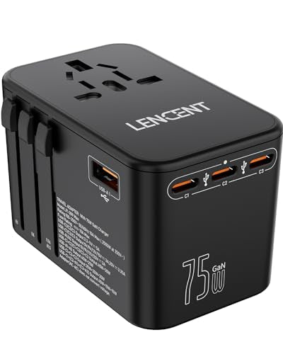 LENCENT 75W Universal Travel Adapter, 65W GaN International Fast Charger with 3 PD3.0 Type C+2 QC USB A, Worldwide Power Adaptor for Phones,Laptops, All in One Power Adapter for EU/USA/UK/AU/Bali