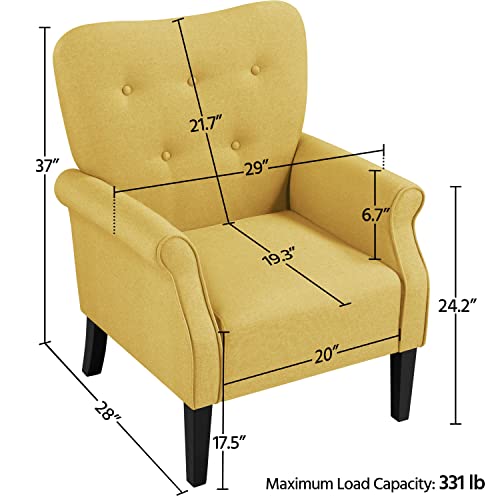 Yaheetech Modern Armchair, Mid Century Accent Sofa Chair with Sturdy Wood Legs and High Back, Upholstered Fabric Sofa Club Chair for Living Room/Bedroom/Office, Yellow