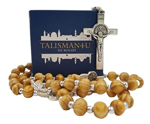 TALISMAN4U Olive Wood Rosary Beads Catholic Necklace St Saint Benedict Medal Crucifix Jerusalem Cross Gift Box, Wood