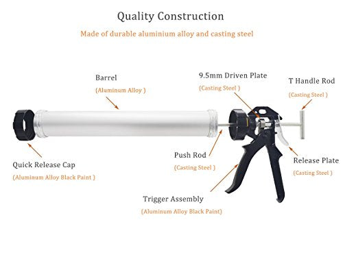 ZHTOOL 600ml Caulking Gun with Aluminum Barrel for 10oz/20oz Sausage Pack,10oz Cartridge and Bulk Application