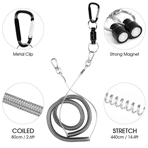 Lixada Magnetic Net Release Holder,Fishing Zinger Retractors,Fly Fishing Net Keeper Magnet Clip Landing Net Connector with Coil Carabiner Clip Magnetic Net Release(Optional) (2PCS Grey)