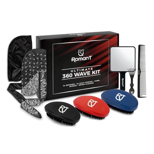 Roman-T 8-in-1 360 Wave Brush Kit for 360 Waves - 3 Brushes, Soft, Medium & Hard - 2 Silky Satin Durag - Black & Black Paisley, Hand Mirror, Comb, Hair Brush Cleaner - Gift Set