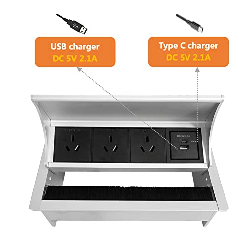 ZESHAN Pull up pop up Power Desk Power Board with Two Angle Opening,3 Power Plugs,1 USB C Charger Port,1.5M Power Extension Cord Silver for Home Office Conference Room