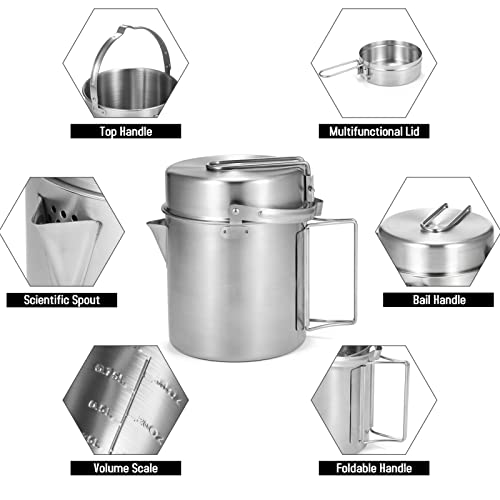 Lixada Camping Cooking Kettle 1L Stainless Steel Pot with Foldable Handle and Dual Use Cover Portable for Hiking Backpacking Picnic