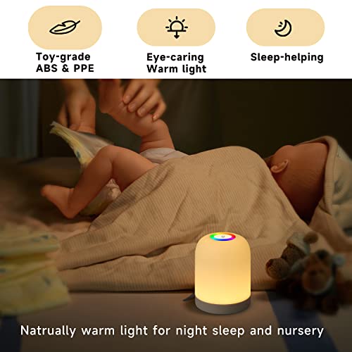 Night Light Yamdrok, Portable LED Table Lamp with Touch Sensor,3 Ways Dimmable Baby Night Lights, Night Lamp with Hanging Ring, Long Battery Life, RGB Lights, for Nursery, Camping, and Bedroom