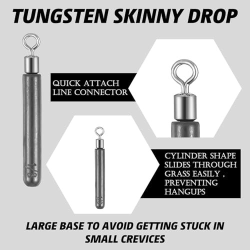 Hicarer 12 Pcs Tungsten Drop Shot Weights Skinny Fishing Sinkers Kit Cylinder Dropshot Weight for Bass Fishing Dropshot Rig, Size Stamped on All Weights (Black)