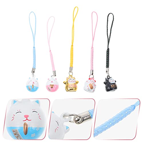 TOYANDONA Japanese Maneki Neko Lucky Cat Mobile Phone Pendant Copper Waving Cat Jingle Bell Mobile Phone Jewellery for DIY Key Chain Car Bag Purse Backpack Lucky Pendant Decoration Pack of 5