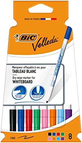 BIC Velleda 1721 Whiteboard Pens Fine Bullet Nib - Assorted Colours, Pack of 8 Markers