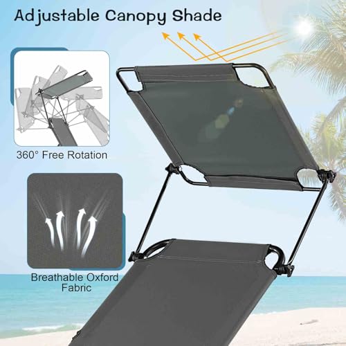 Costway Outdoor Folding Chaise Lounge, Sun Lounger Bed w/Adjustable Backrest, Rotatable Canopy & Storage Pocket, Portable Beach Deck Recliner Chair for Poolside, Beach & Sunbathing (Grey)