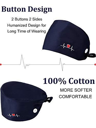 5 Pieces Working Cap with Buttons Unisex Sweatband Adjustable Tie Back Bouffant Hat (Navy Blue)