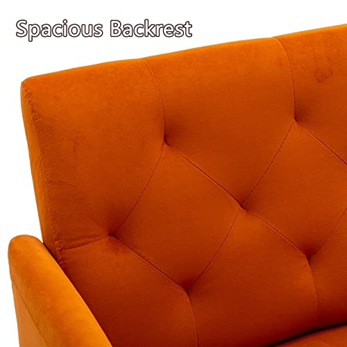 Olela Accent Chair with Arms for Living Room, Modern Tufted Single Sofa Armchair with Gold Metal Legs Upholstered Reading Chair for Bedroom Office Decorative (Velvet-Smooth Backrest, Orange)