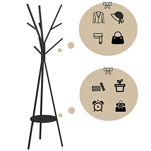 (Black) - Homebi Coat Rack Hat Stand Free Standing Display Hall Tree Metal Hat Hanger Garment Storage Holder with 9 Hooks for Clothes Hats and Scarves in Black,45cm Wx 17.180cm Dx 70.220cm H