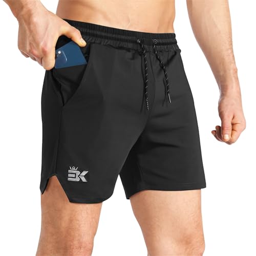 BROKIG Men's Lightweight Sport Shorts, Quick Dry Gym Shorts Workout Fitness Running Shorts Men with Zip Pocket(Black,Large)